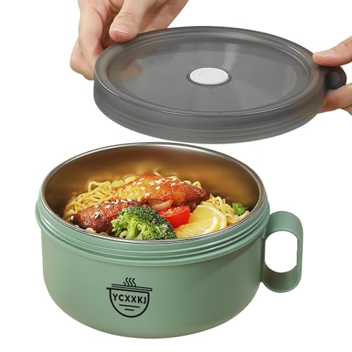 YCXXKJ Microwave Ramen Bowl Set, Ramen Bowl with Lid and Stainless Steel Liner, Ramen Cooker, Noodle Bowls for Home Office College Dorm Room, Dishwasher Safe (Green)