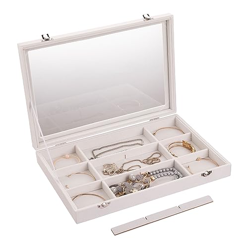 Frebeauty Velvet Jewelry Tray,12 Grid Jewelry Organizer with Clear Lid,Bracelets Holder,Jewelry Display Case with Clasp,Drawer Insert Bangle Brooch,13.8 x 9.5 x 2 Inches,Gift for Women Girls(Beige)