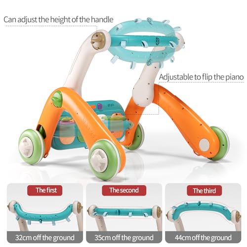 Jovow 2 in 1 Baby Gym with Walker,Baby Play Mat with 5 Infant Learning Sensory,Double-Sided Multifunctional Removable Play Piano Panel,Sit-to-Stand Learning Walker for 0-24 Months Boy Girl [Orange]