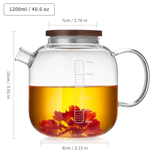 Glass Teapot with Infuser and Lid 40.6 fl oz, Stovetop Gas Safe, Thickened Heat Resistant Borosilicate Glass Tea Kettle