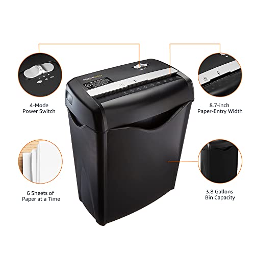 Amazon Basics 6 Sheet Cross Cut Paper and Credit Card Home Office Shredder with 3.8 Gallon Bin, Black