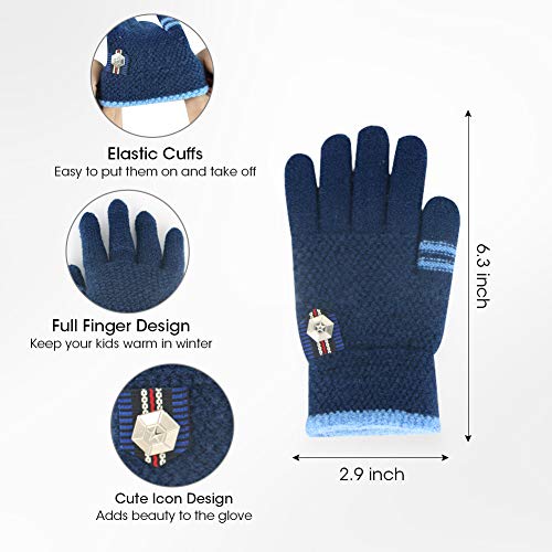 ORVINNER Kids Winter Gloves for Boys Girls, 3 Pairs Children Warm Wool Lined Gloves Toddler Thermal Knitted Mittens 4-12 Years, Black/Grey/Navy (Star Style)