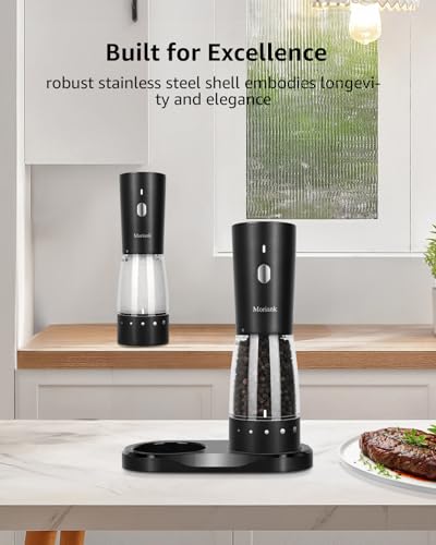 Electric Salt and Pepper Grinder Set, Large Capacity 5.3oz Salt and Pepper Grinder Set with Adjustable Coarseness, Rechargeable Stainless Steel Electric Pepper Grinder with Elegant Storage Base