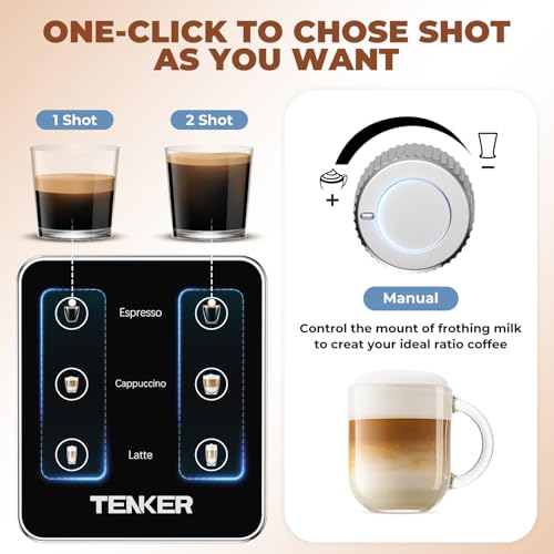 TENKER Espresso Machine 20 Bar, Cappuccino Machine with Automatic Milk Frother, Latte Machine in Stainless Steel Design, 1350W Touchscreen Coffee Maker for Home and Office (Silver)