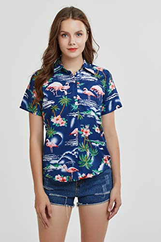 SSLR Hawaiian Shirts for Women Flamingo Shirt Tropical Shirts for Women Summer Casual Short Sleeve (Medium, Light Grey)