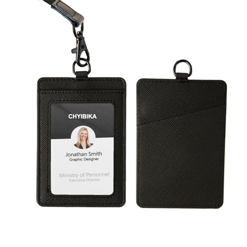 Badge Holder with Lanyard,Leather ID Card Holder,Vertical Lanyard ID Card Holder for Work Office (Black)