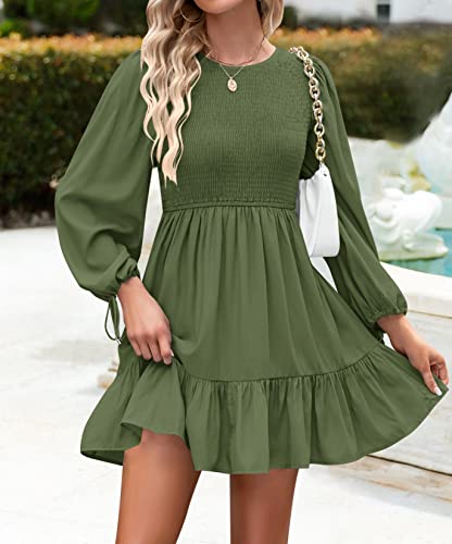 ZESICA Women's Long Sleeve Smocked Dress 2024 Fall Casual Crew Neck Tiered Swing Cocktail Wedding Party Mini Dresses,Black,Large