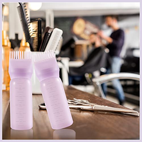 Root Comb Applicator Bottle, 6 Ounce, Oil Applicator for Hair Dye, Bottle Applicator Brush with Graduated Scale, Purple, 2 Pack