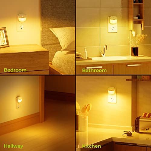 AUVON Plug in Night Light with Motion Sensor and Dusk to Dawn Sensor, Mini Warm White LED Nightlight with 1-50 lm Adjustable Brightness for Bathroom, Hallway, Stairs, Bedroom, Kitchen, 4 Packs