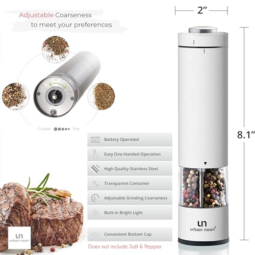 Electric Salt and Pepper Grinder Set - Battery Operated Stainless Steel Mills (1 Black Pepper Grinder + 1 White Salt Grinder) Automatic One Handed Operation Electronic Adjustable Ceramic Grinders