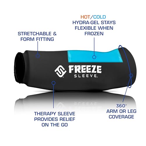 FreezeSleeve Ice and Heat Therapy Sleeve | Reusable Ice Pack Flexible Gel Compression Sleeve for Pain Relief and Recovery of Elbow Knee Ankle Leg Wrist Injuries | Black Small Medium