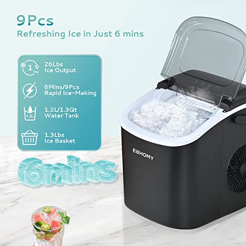 EUHOMY Countertop Ice Maker Machine with Handle, 26lbs Per Day, 9 Ice Cubes Ready in 6 Mins, Auto-Cleaning Portable Ice Maker with Basket and Scoop, for Home/Kitchen/Camping/RV (Silver)