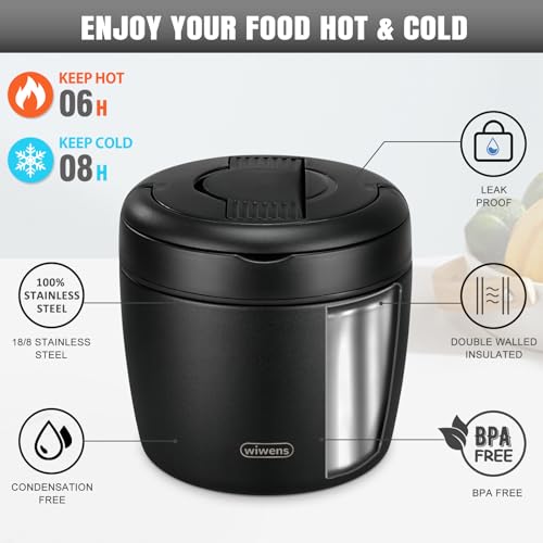 wiwens Thermo Food Jar for Hot Food Adults 32OZ Soup Thermo Lunch Containers Wide Mouth Vacuum Insulated Stainless Steel Leakproof Bento Box with Spoon (Black)