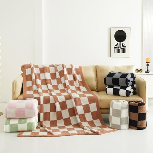 PHF Checkered Twin Blanket, Soft Knit Fluffy Aestheic Grid Blanket, Cozy Lightweight Checkerboard Fleece Blanket for Couch Bed Sofa, Sage Green, 60" x 80"