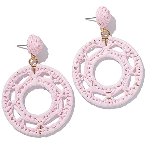 Statement Raffia Earrings Boho Dangle Drop Earrings Cute Handmade Fashion Earring Summer Beach Jewelry for Women(Pink Round Braid)