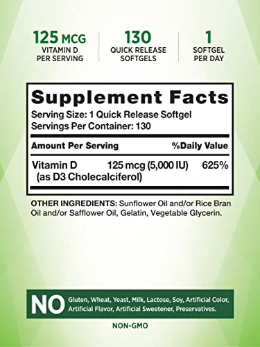 Nature's Truth Vitamin D3 5000 IU Softgels 130 Count | High Potency Vitamin D | Non-GMO, Gluten Free