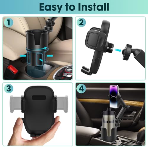 Cup Holder Phone Mount for Car with Expandable Base, 2-1 Phone Holder Car Cupholder Exptender Adapter for 10-40oz Drink Bottles, Mugs and Phone Holder for Car Fits All Smartphone