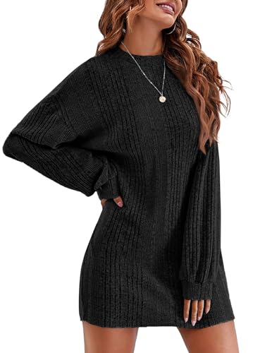 Ekouaer Women's Nightgown Long Sleeve Ribbed Knit Nightshirt Round Neck Sleep Shirt Soft Sweater Dress Black L