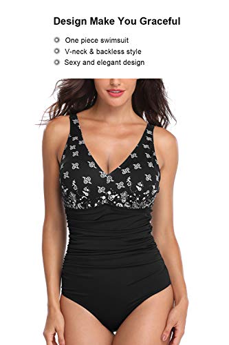 PERONA Women's One Piece Swimsuit Tummy Control V Neck Bathing Suit Vintage Printed Swimwear Pink