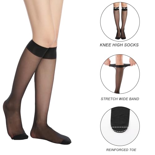 HA WA 6 Pairs Women's Knee High Stocking Nylon Black&Nude Socks(20D-KS 3*Black+3*Nude)