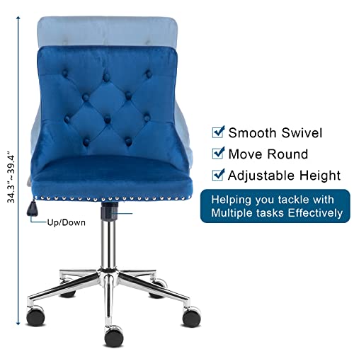 VINGLI Navy Blue Velvet Armless Home Office Desk Chair with Gold Base/Wheels, Cute Vanity/Makeup Chair with Back for Bedroom, Upholstered Adjustable Rolling Swivel Nail Chair for Women/Girls
