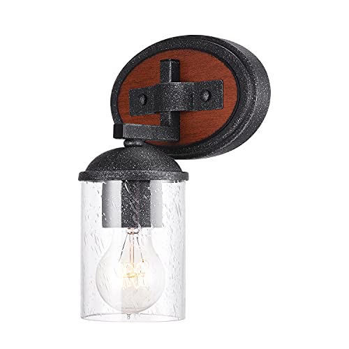 Globe Electric 51855 Kingston 1-Light Vanity Light, Dark Faux Wood, Galvanized Metal Accents, Clear Seeded Glass Shade, Bulb Not Included