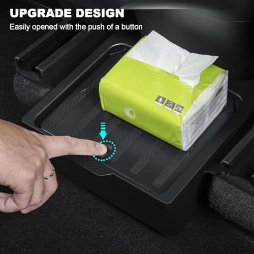 KUNIST Rear Under Seat Organizer for Tesla Model Y 2024 Accessories Backseat Storage Box with lid Center Console Storage Tray Trash Can Bin for Tesla Model Y 2020-2024 (Push-button Design