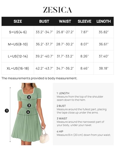 ZESICA Women's Ribbed Square Neck Color Block Pleated Mini Dress 2024 Short Sleeve A Line Knit Short Dresses Almond S
