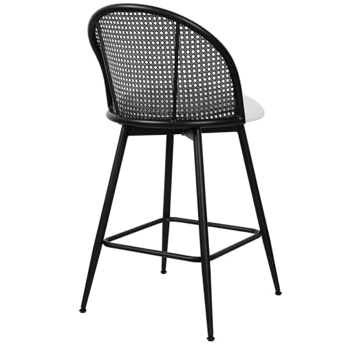 Bekrvio Counter Height Bar Stools Set of 2 Swivel Barstool with Black Rattan Cane Backs, 26" Boucle Fabric Upholstered Counter Stools for Kitchen Island, Boho Mid-Century Modern Bar Chairs, Black