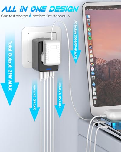 Universal Travel Adapter Offers 5.8A 3X 3.0A USB-C Ports, 2X 2.4A USB-A Ports and Multi AC Outlet, All-in-One International Power Plug Adaptor Worldwide Charger for EU US UK AU 200+ Countries