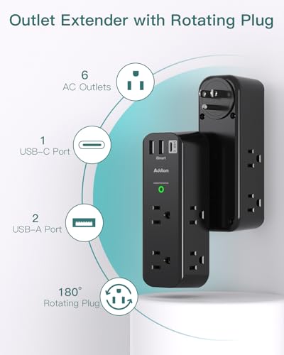 Surge Protector Outlet Extender - with Rotating Plug, 6 AC Multi Plug Outlet with 3 USB Ports, 1800J Wall Charger, 3-Sided Power Strip with Spaced Outlet Splitter for Home, Office, Travel （Black）