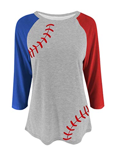 ETATNG Womens 3/4 Sleeve Raglan Shirt July 4th Tops Crewneck Patchwork Heart USA Flag Star Patriotic T-Shirt Red M