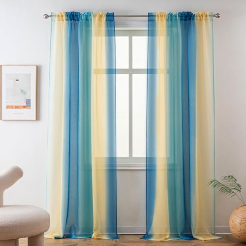 Yancorp Sheer Curtain Semi Bedroom Curtains 63 inches Length Linen Pink Blue Ombre Curtains Rod Pocket Drapes Girls Living Room Mermaid Bedroom Nursery Kids Window Decor, 1 Panel(Pink Blue, 40"x63")