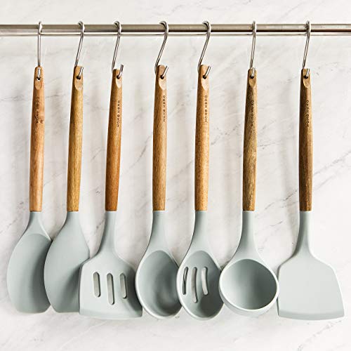 Home Hero 33 Pcs Kitchen Cooking Utensils Set, Non-Stick Silicone Cooking Kitchen Utensils Spatula Set with Holder, Wooden Handle Silicone Kitchen Gadgets Utensil Set (8 Pcs - Gray)