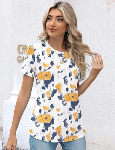 Kistore Women's Yellow Floral Shirts for Women Dressy Casual Short Sleeve Crew Neck Tunic Tops for Leggings L