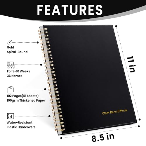 SUNEE Teacher Class Record Book for 9-10 weeks, 36 Names, 8.5x11 Inch, 102 Pages(51 Sheets), 100gsm Thick Paper, Larger Grade Recording for up to 36 Students with Water-Resistant Plastic Cover, Black