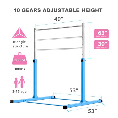 Mosebears Gymnastics Bar,Home Gymnastics Equipment for Kids Ages 3-15,Steady Steel Construction, Anti-Slip, Easy to Assemble, 3' to 5' Adjustable Height