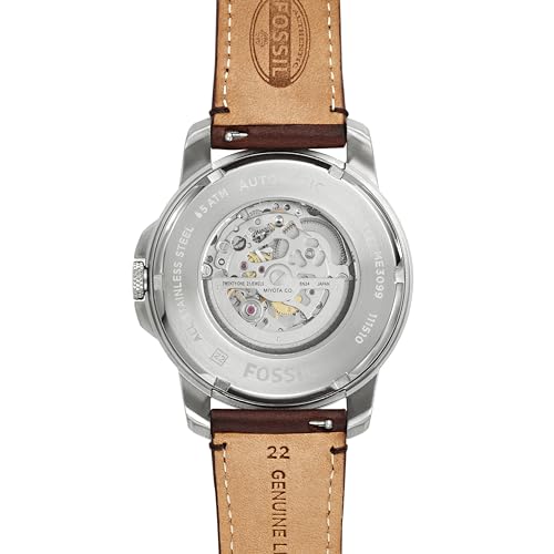 Fossil Men's Grant Automatic Stainless Steel and Leather Three-Hand Watch, Color: Silver, Brown (Model: ME3099)