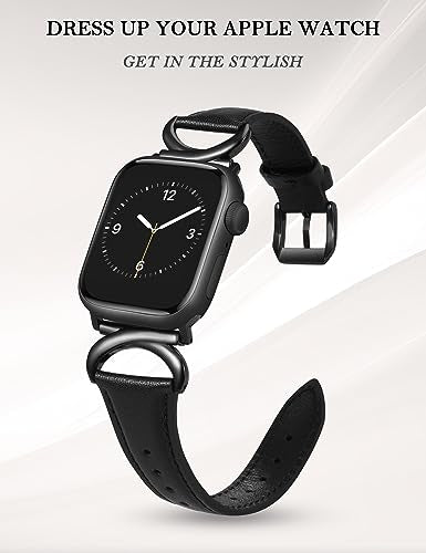 Minyee Leather Band Compatible with Apple Watch Bands 41mm 40mm 38mm 44mm 45mm 42mm 49mm Women, Slim Thin Dressy Designer Strap with C-Shape Metal Buckle for iWatch Ultra 2, Series