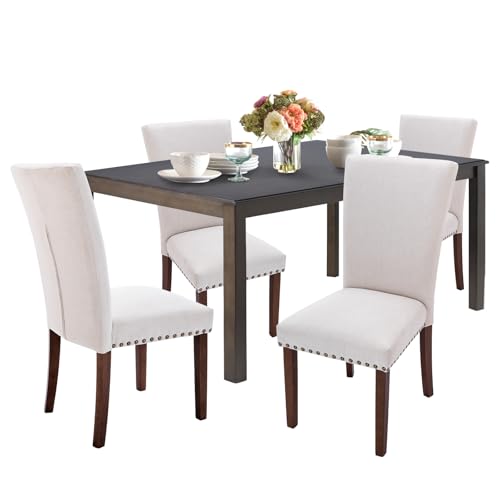 COLAMY 7-Piece Dining Table Set for 6, 60" Kitchen Wood Table with 6 Tufted Dining Room Chairs, Brown/Beige