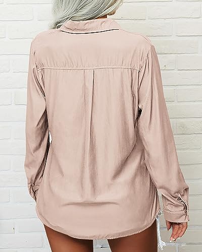 Veatzaer Womens Solid Lapel Long Sleeves Button Down Shirt Top Casual Basic Office Blouse Apricot