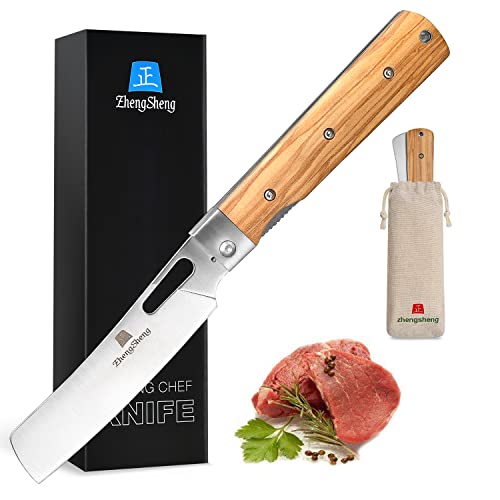 ZhengSheng Folding Chef Knife 4.8” Ultra Sharp 440A Stainless Steel Blade Natural Olive Handle Pocket Foldable Japanese Style Kitchen Knife for Outdoor Camping BBQ trip Cooking