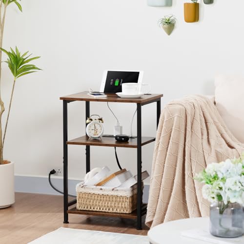 AMHANCIBLE Night Stand, Side Table, End Table with Charging Station, Nightstands Set of 2, Bedside Table Set of 2,Side Tables Bedroom Set of 2, Rustic Brown HET033BR