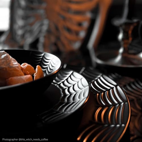 Nomnu Spiderweb Dinnerware Set (12 Pieces) - 4 Dinner Plates, 4 Salad Plates, 4 Bowls - Black Matte Porcelain Gothic Dinnerware Set - Spider Gothic Plates Halloween Dishes Spooky Creepy Goth Gifts