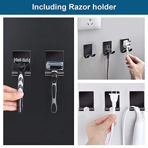 Diesisa Razor Holder for Shower + Adhesive Wall Hooks, Premium 304 Stainless Steel Shower Razor Holder with Heavy Duty Waterproof Sticky Hooks for Hanging Towels, Coat, hat (4+4 Pack) - Black