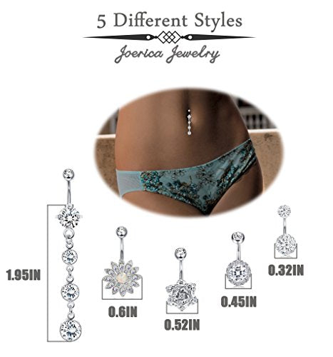 JOERICA 3Pcs 14G 316L Stainless Steel Belly Button Rings for Women Flower CZ Dangle Belly Button Rings Navel Piercing Jewelry
