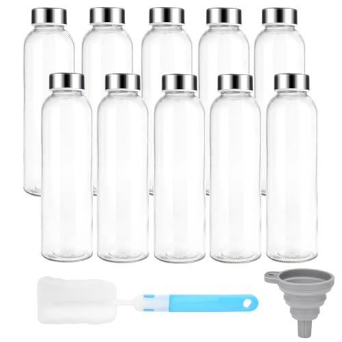 Hydraful 18 oz Glass Juice Bottles with Lids, Glass Juicing Bottles, Reusable Glass Water Bottles with Stainless Steel Airtight Cap for Refrigerator, BPA Free, Leak Proof, Eco-Friendly, Set of 10