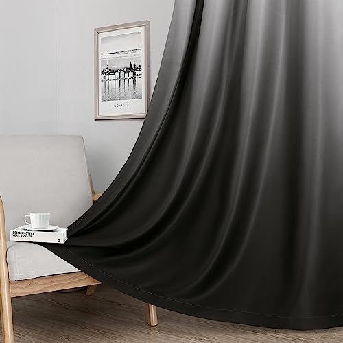 HOMEIDEAS 100% Black Ombre Blackout Curtains for Bedroom, Room Darkening Curtains 52 X 63 Inches Long Grommet Gradient Drapes, Light Blocking Thermal Insulated Curtains for Living Room, 2 Panels