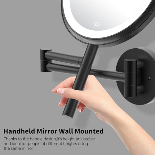 LANSI 8" Wall Mounted Makeup Mirror with Handle, 3 Color Lights Dimmable and 1X/10X Magnification, Rechargeable Bathroom Wall Mount Magnifying Mirror with Extension Arm Height Adjustable Black