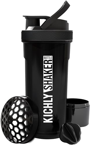 Kichly Shaker Bottle 1 Pack - 24 Ounce Plastic Protein Shaker Bottle for Pre & Post workout with Twist & Lock Protein Box Storage (Black)